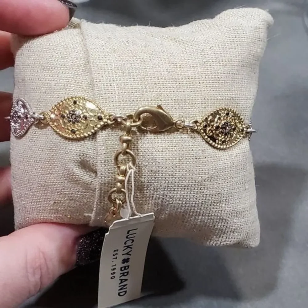 Lucky brand‎ silver and gold Dainty Scrolled jeweled bracelet Adjustable New